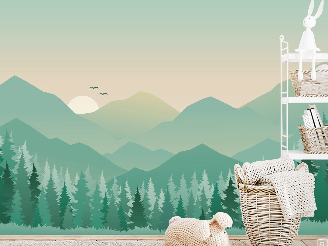 Woodland Wallpaper Nursery Pine Trees and Mountain Murals Etsy