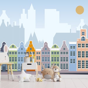 Amsterdam Houses Wallpaper for Kids Room. Children Amsterdam Wall Mural. Pastel Blue Houses Skyline Wallpaper. Amsterdam Houses Playroom Art