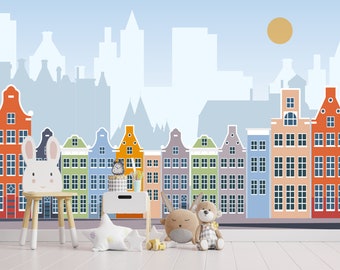 Amsterdam Houses Wallpaper for Kids Room. Children Amsterdam Wall Mural. Pastel Blue Houses Skyline Wallpaper. Amsterdam Houses Playroom Art