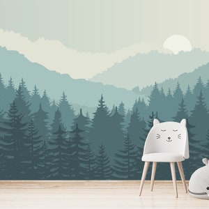Mountains Landscape Wallpaper for Kids Unisex Room. Teal Ombre Mountains Wallpaper. Pine Tree Decor. Adhesive Non-Woven Forest Wallpaper