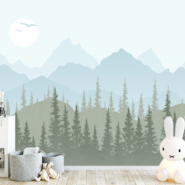 Mountains Wallpaper for Boys Room Removable, Green Forest Peel and Stick, Pastel Blue Ombre Mountain Wallpaper, Woodland Nursery Room Decor