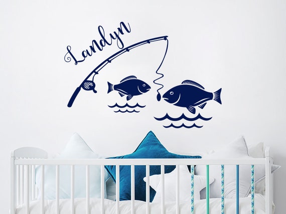Boys Name Wall Decal / Fish Vinyl Sticker / Nautical Custom Name Decals / Fishing  Rod Personalized / Fishing Nursery Bedroom Decor ER315 