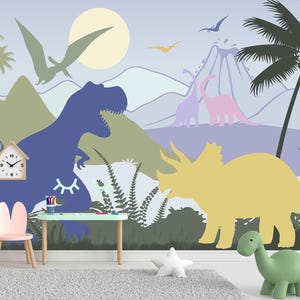 Dinosaur Wallpaper for Unisex Kids Room, Jurassic World Wall Mural, Trex Dino Wallpaper Self-adhesive, Mountain Wallpaper Custom PVC FREE