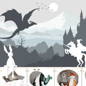 Fairy Dragon and Castle Fantasy Wallpaper for Boys Room, Soft Pastel Grey, White Mountains Wall Mural, Knight Magic Kingdom Kids Wallpaper