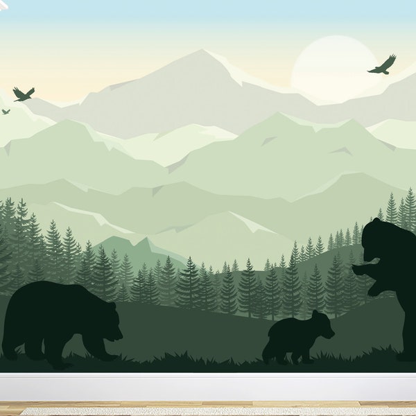 NEW Family Bear Mountain Wallpaper for Kids Room Removable, Green Forest Wall Mural, Woodland Wallpaper PVC FREE Peel and Stick, Pine Decor