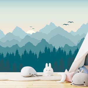 NEW Mountains Wallpaper for Kids. Mountains with Sun Wall Mural. Teal Ombre Mountains Wallpaper. Forest Wallpaper Removable Toddler Room