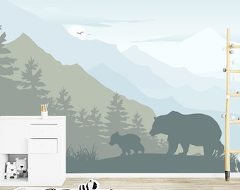 Mountains Wallpaper Kids Room Removable, Green Forest and Bear Family Wall Mural Peel and Stick, Pine Tree Wallpaper Adhesive Non-Woven