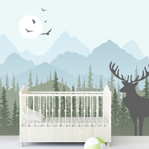 New Removable Mountains Wallpaper for Kids Room, Deer Wall Mural, Green Forest Wallpaper Adhesive Non-Woven,  Woodland Baby Bedroom Decor