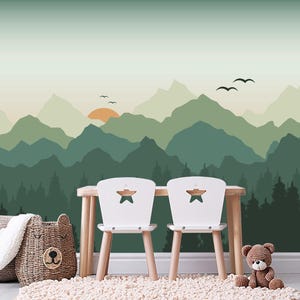 Green Ombre Mountains Wallpaper Nursery Room Removable, Pine Tree Wall Mural Peel and Stick, Forest Wallpaper Adhesive, Adventure Wallpaper