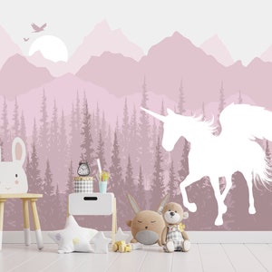 Unicorn and Forest Wallpaper for Baby Girl Room. Pine Tree Wall Mural. Pastel Ombre Mountains Wallpaper. Girl Wallpaper Removable Unicorn