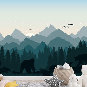 Mountain Wallpaper Nursery Peel and Stick Wall Mural Kids Room Forest Animal Woodland Toddler Bedroom Blue Ombre Mountain Fabric Wallpaper