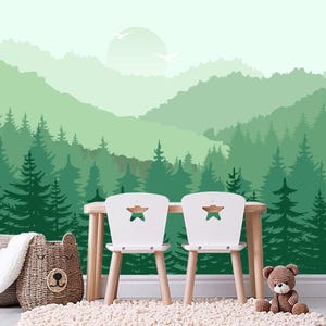 Mountains Wallpaper for Baby Kids Room Removable, Green Forest Wall Mural, Adventure Peel and Stick, Pine Tree Wallpaper Adhesive Non-Woven