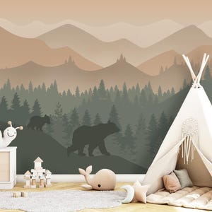 Mountain Wallpaper for Kids Room Removable, Green Forest Wall Mural, Woodland Wallpaper PVC FREE Peel and Stick, Family Bear Nursery Decor
