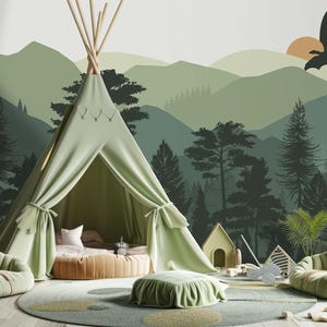 Green Forest Wallpaper for Kids Room Removable, Dragon Wall Mural Peel and Stick, Mountains Wallpaper Canvas, Nature Kids Playroom Decor