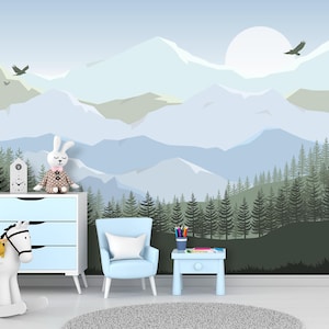 Blue Ombre Mountain Wallpaper Peel and Stick Kids Room, Forest Wall Mural Nursery, Woodland Wallpaper PVC-free for Nursery Playroom Decor