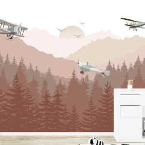 Planes Wallpaper for Baby Boys Room Removable, Mountains and Pine Tree Wall Mural Peel and Stick, Forest Wallpaper Adhesive Non-Woven