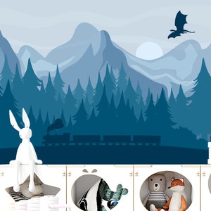 Woodland Nursery Wallpaper, Train Wall Mural Boys Room, Blue Ombre Mountains and Forest Wallpaper Landscape, Pine Tree Self Adhesive Decor