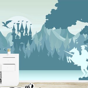 Castle of the Knights Wallpaper for Baby Boys Room, Woodland Blue Mountains Wallpaper Murals Removable, Dragon Decor Forest Self-Adhesive