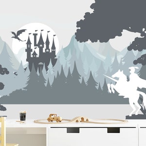 Castle of the Knights Wallpaper Boys Room Removable, Pastel Grey Woodland Wallpaper Murals for Kids, Dragon Wall Decor Forest Self-Adhesive