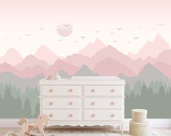 Mountains Wallpaper for Baby Girl Room. Forest Wall Mural. Soft Pink Green Pastel Ombre Mountains Wallpaper. Pine Tree Wallpaper Removable