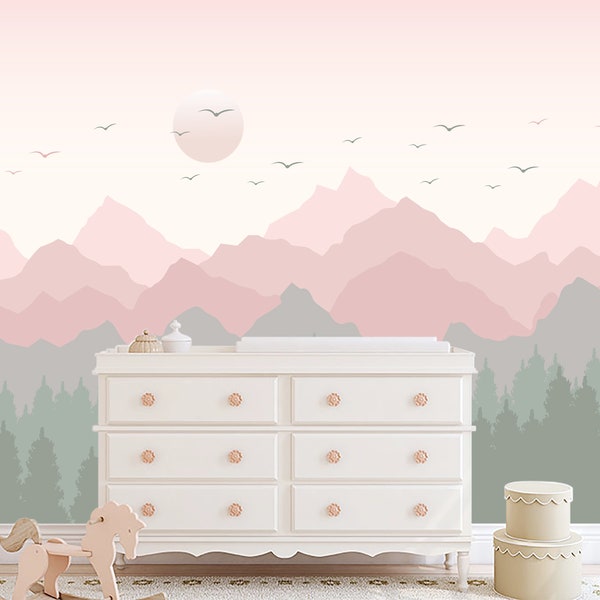 Mountains Wallpaper for Baby Girl Room. Forest Wall Mural. Soft Pink Green Pastel Ombre Mountains Wallpaper. Pine Tree Wallpaper Removable