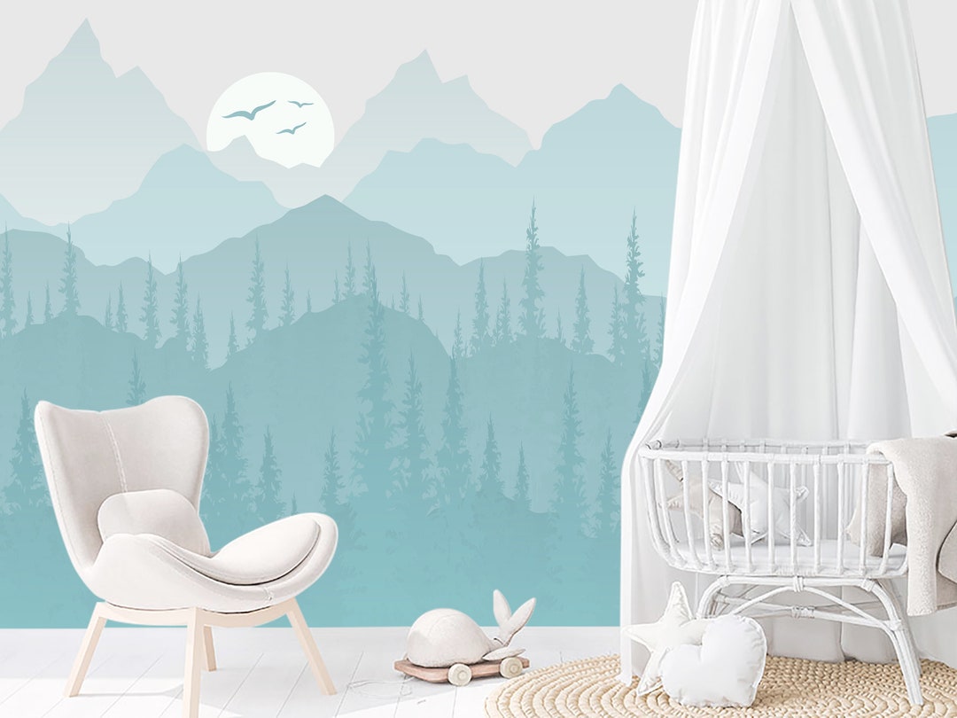 Mountains Wallpaper for Nursery Unisex Room. Forest With Moon Birds