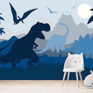 Jurassic World Wallpaper for Toddler Baby Room. Dinosaur Wallpaper Removable Kids Playroom. Mountains Wall Mural. Tropical Palm Nursery Room