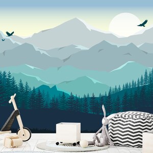Mountain Wallpaper Canvas for Boys Room, Pine Tree Peel and Stick, Forest Wall Mural, Woodland Wallpaper PVC-free for Nursery Playroom Decor