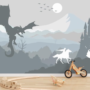 Mountain Wallpaper Canvas PVC-free, Dragon and Castle Wallpaper for Nursery Room, Pastel Blue Grey Mountains Baby Kids Playroom Decor