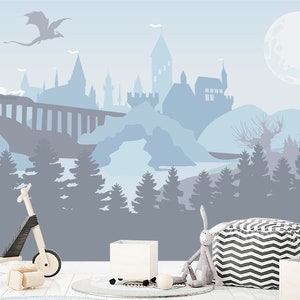 Wizards' Castle Wallpaper for Boys Room Removable, Dragon Peel and Stick, Forest Kids Room Decor, Blue Ombre Mountain Wallpaper PVC FREE
