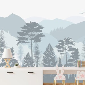 Pastel Grey Forest Wallpaper Nursery Removable. Ombre Mountains Wall Mural Adhesive Peel & Stick. Pine Tree Woodland Theme Unisex Kids Decor