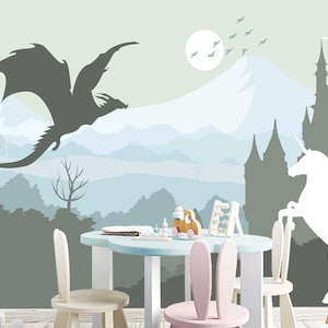 Pastel Grey Blue Mountains Wallpaper Mural Peel Stick Kids, Fairy Dragon and Unicorn Wallpaper for Toddler Room, Castle Nursery Bedroom