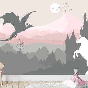 Pastel Pink Grey Mountains Wallpaper Mural Peel Stick Kids, Fairy Dragon and Unicorn Wallpaper for Girl Room, Castle Nursery Playroom Decor