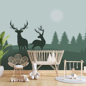 Green Forest Wallpaper for Nursery Room Removable, Pine Tree Wall Mural, Deer Mountains Non-Woven Wallpaper, Hunting Woodland Kids Decor