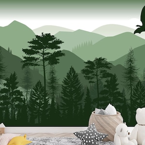 Mountains Wallpaper for Nursery Room Removable, Green Dragon Wall Mural, Pine Forest Wallpaper Peel and Stick, Woodland Adhesive Non-Woven