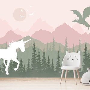 New Pink Ombre Mountains Wallpaper Girls Room Removable, Fairy Dragon Wall Mural Peel and Stick, Green Forest Wallpaper Adhesive Non-Woven