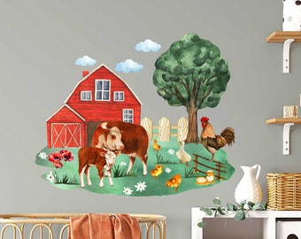 Farm Animals Wall Decal for Kids Room. Farm Watercolor Removable Vinyl Sticker Murals. Farm Nursery Decor. Farmhouse Themed Playroom ER405