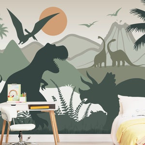 Dinosaur Trex Wallpaper for Kids Room Removable, Jurassic World Wall Mural, Dino Green and Palm Wallpaper Adhesive Nursery Playroom Decor