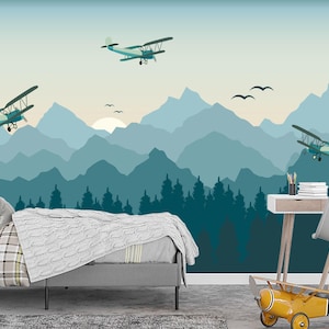 Mountains and Planes Boys Wallpaper, Airplane Nursery Wall Mural, Pine Tree and Teal Ombre Mountains Wallpaper Removable, Peel and Stick