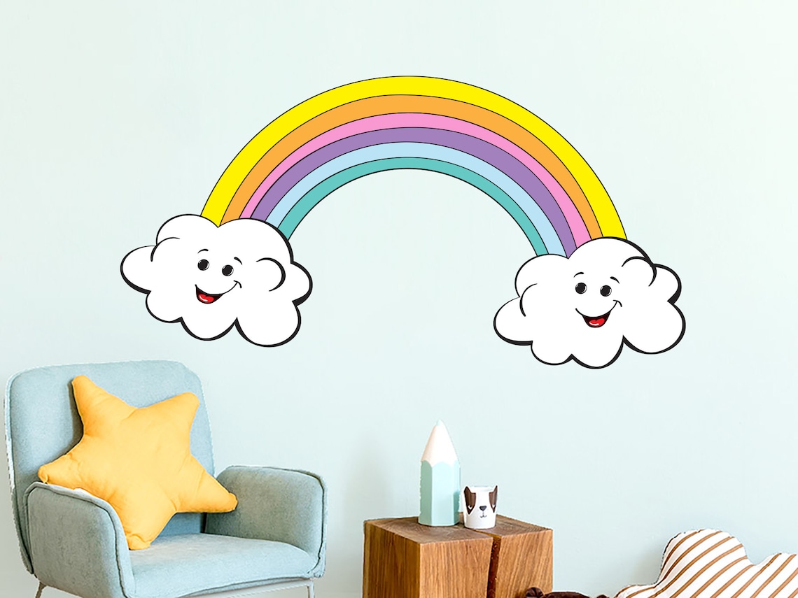 Rainbow Wall Decal. Pastel Rainbow With Clouds Vinyl Sticker Etsy