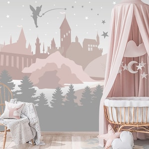 Castle Fairy Wallpaper for Baby Girl Room Removable, Forest Wallpaper for Kids, Pink Grey Castle Wall Mural Stars Self-Adhesive