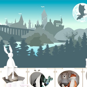 Wizard&#39;s Castle Wallpaper Boys Room Removable, Woodland Wallpaper Murals for Kids, Blue Dragon Castle Wall Decor Forest Self-Adhesive