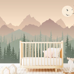 New Woodland Wallpaper for Kids Removable. Pastel Pink Green Ombre Mountains Wallpaper. Forest Wall Mural. Woodland Baby Girl Room Decor