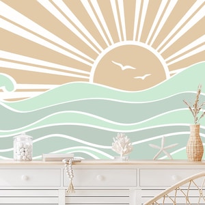 Waves Wallpaper for Nautical Room. Boho Sun Wall Murals. Sunshine Wallpaper Canvas. Wave Ocean Wallpaper for Nursery Playroom Decor