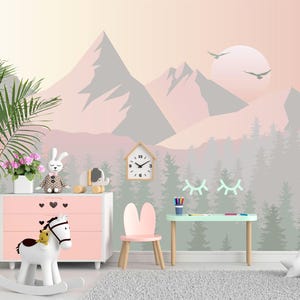 Mountains Wallpaper for Girl Room. Green Forest Wall Mural. Pastel Pink Mountains Wallpaper. Pine Tree Wallpaper Removable. Woodland Decor