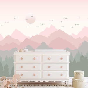 Mountains Wallpaper for Baby Girl Room. Forest Wall Mural. Soft Pink Green Pastel Ombre Mountains Wallpaper. Pine Tree Wallpaper Removable