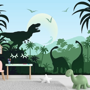 Dinosaur Wallpaper for Baby Kids Room Removable, Trex Wall Mural Peel and Stick, Moon and Palm Wallpaper, Dinosaurs Nursery Playroom Decor