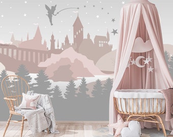 Castle Fairy Wallpaper for Baby Girl Room Removable, Forest Wallpaper for Kids, Pink Grey Castle Wall Mural Stars Self-Adhesive