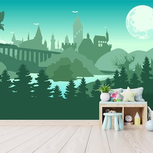Wizard&#39;s Castle Wallpaper for Kids Room Removable, Mountain and Pine Tree Wall Mural, Green Dragon PVC FREE Self-adhesive Peel and Stick