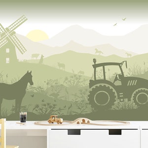 Farm Wallpaper for Nursery Room, Farmhouse Animals Horse, Cow, Birds Wall Mural, Farming and Mill Kids Removable Decor, Children's Playroom